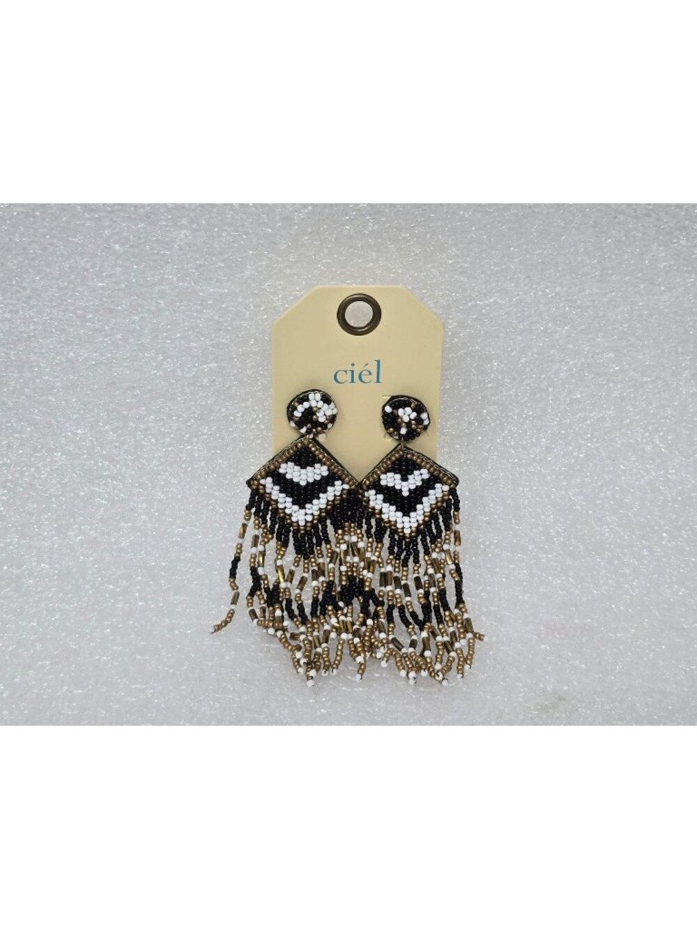 Ciel Handmade Black & White Beaded Fringe Earrings With Gold Accents Statement